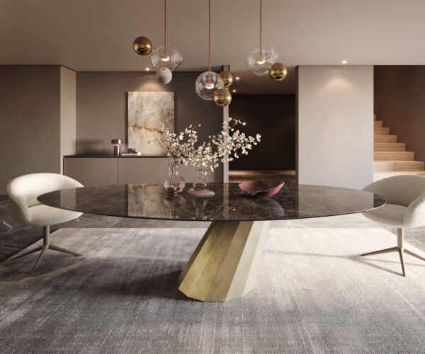 Jídelní stůl Edge oválný 280x130 keramika Laminam® Emperador Extra Lucidato tmavě hnědá parabel kovová zlatá - Image 2