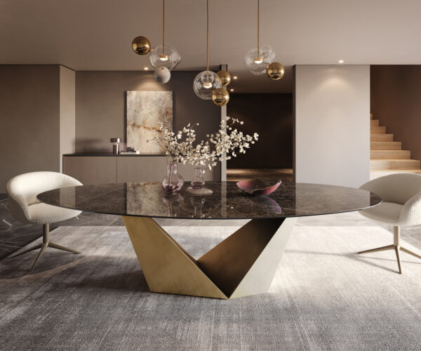Jídelní stůl Edge oválný 280x130 keramika Laminam® Emperador Extra Lucidato tmavě hnědá Prisma Metallic Gold - Image 2