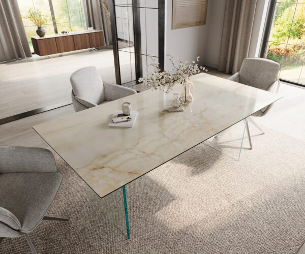 Jídelní stůl Edge 200x100 cm keramický Laminam® Onice Oro skleněný rám - Image 4
