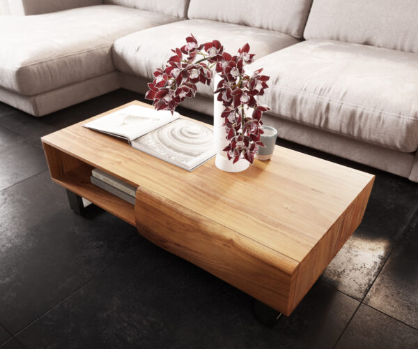 Konferenční stolek New Live-Edge 115x60 cm přírodní akácie 2 zásuvky 1 přihrádka pojezdový rám nerezová ocel kartáčovaná - Image 4