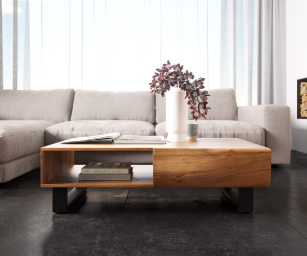 Konferenční stolek New Live-Edge 115x60 cm přírodní akácie 2 zásuvky 1 přihrádka kovový rám na kluzácích černý - Image 2