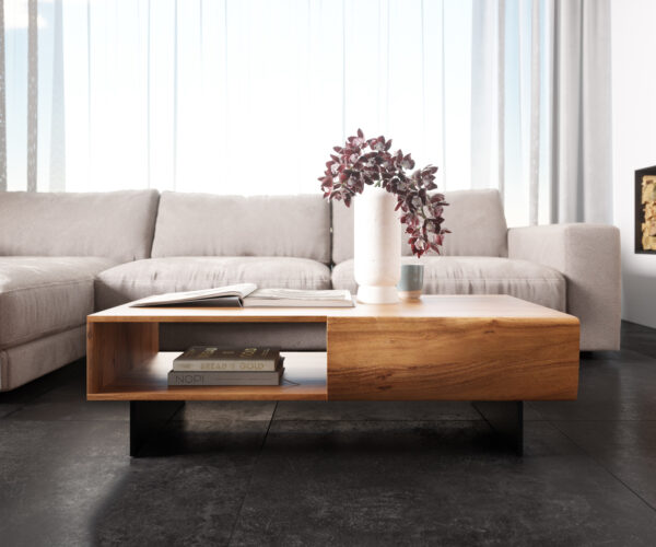 Konferenční stolek New Live-Edge 115x60 cm přírodní akácie 2 zásuvky 1 přihrádka nohy ve stylu floating kov černý - Image 2