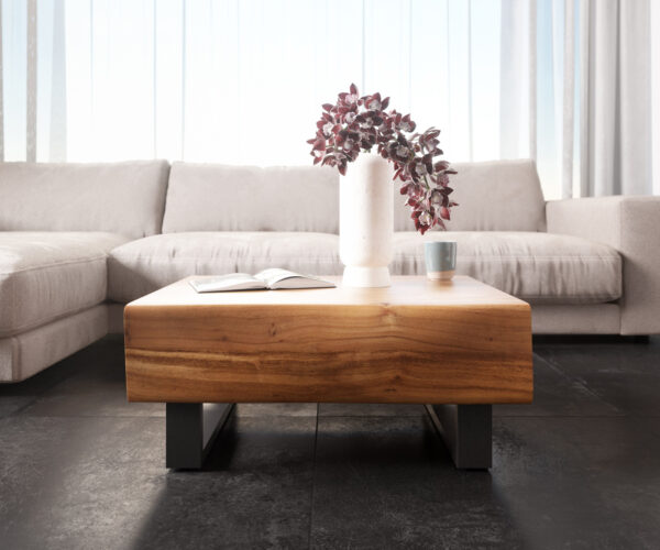 Konferenční stolek New Live-Edge 80x60 cm přírodní akácie, 2 zásuvky, kovová skluzová konstrukce černá - Image 2