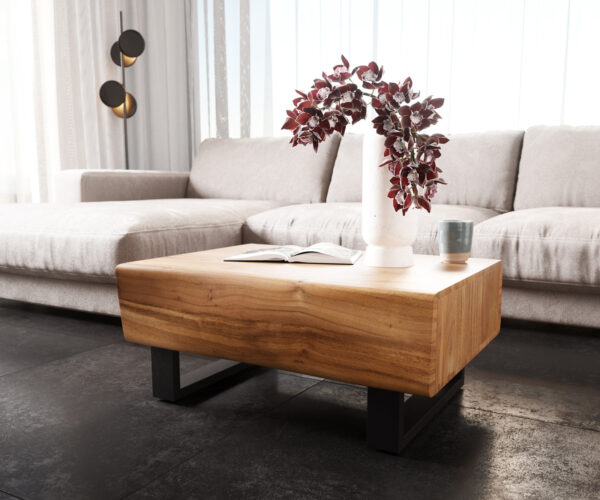 Konferenční stolek New Live-Edge 80x60 cm přírodní akácie, 2 zásuvky, kovová skluzová konstrukce černá - Image 4
