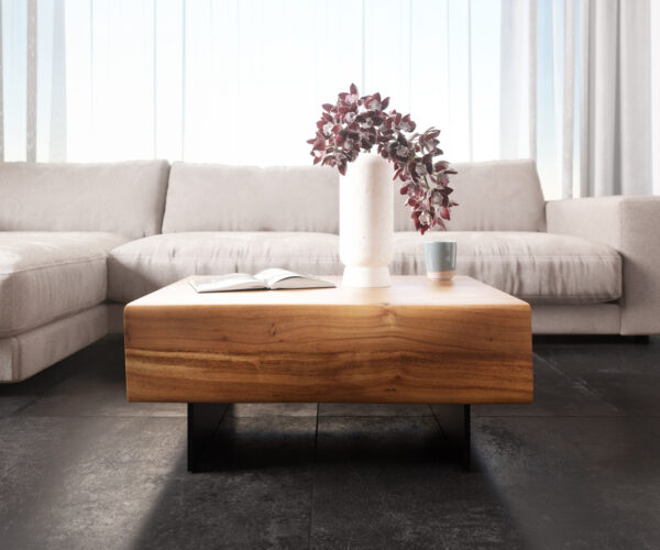 Konferenční stolek New Live-Edge 80x60 cm přírodní akácie 2 zásuvky, nohy ve stylu plovoucí konstrukce, kov černý - Image 2