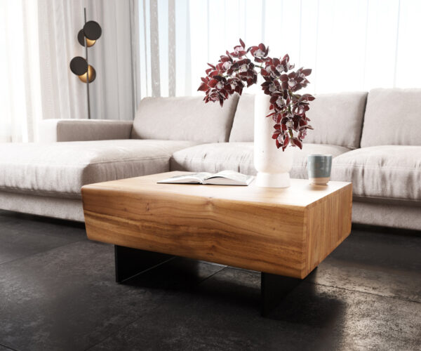 Konferenční stolek New Live-Edge 80x60 cm přírodní akácie 2 zásuvky, nohy ve stylu plovoucí konstrukce, kov černý - Image 4