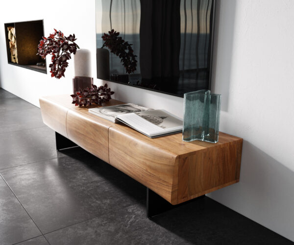 TV stolek New Live-Edge 145 cm přírodní akácie 3 dveře, nohy ve stylu floating, kov černý - Image 2
