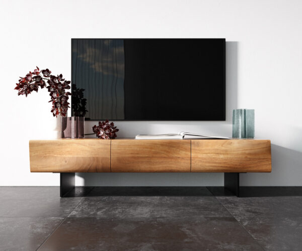 TV stolek New Live-Edge 145 cm přírodní akácie 3 dveře, nohy ve stylu floating, kov černý - Image 4