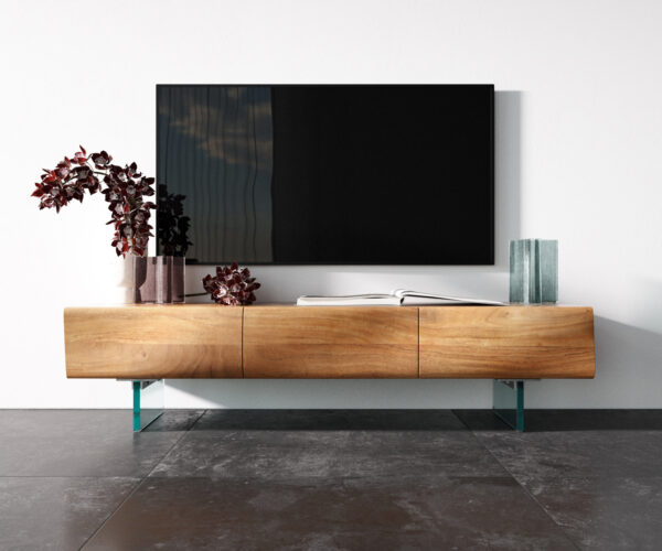 TV stolek New Live-Edge 145 cm přírodní akácie 3 dveře skleněné nohy - Image 4