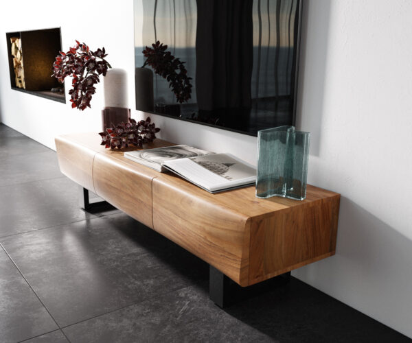 TV stolek New Live-Edge 145 cm přírodní akácie 3 dveře kovový rám na kolečkách černý - Image 2