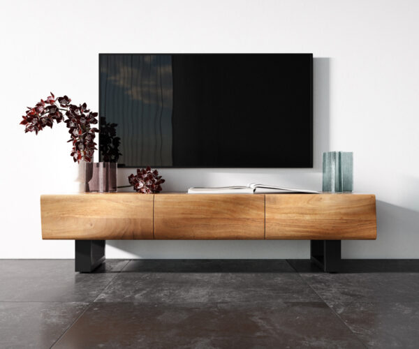 TV stolek New Live-Edge 145 cm přírodní akácie 3 dveře kovový rám na kolečkách černý - Image 4