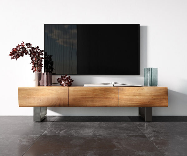 TV stolek New Live-Edge 145 cm přírodní akácie 3 dveře na kolečkách rám z nerezové oceli broušený - Image 4