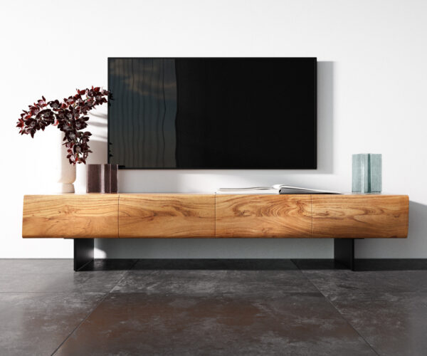 TV stolek New Live-Edge 175 cm přírodní akácie, 4 dveře, nohy ve stylu floating, kov černý - Image 4