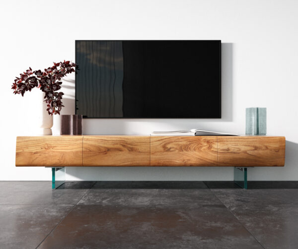 TV stolek New Live-Edge 175 cm přírodní akácie 4 dvířka skleněné nohy - Image 4