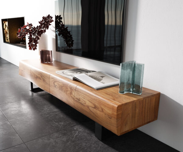 TV stolek New Live-Edge 175 cm přírodní akácie 4 dveře kovový rám na kolečkách černý - Image 2