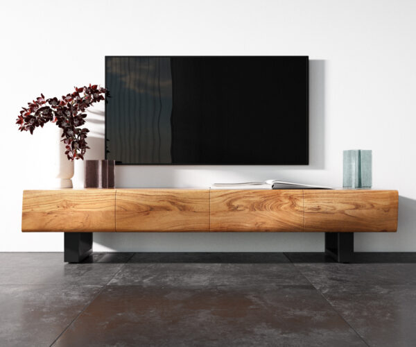 TV stolek New Live-Edge 175 cm přírodní akácie 4 dveře kovový rám na kolečkách černý - Image 4