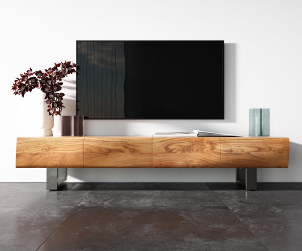 TV stolek New Live-Edge 175 cm přírodní akácie 4 dveře na pojezdu nerezová ocel kartáčovaná - Image 4