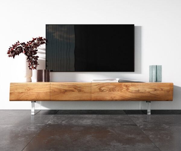 TV stolek New Live-Edge 175 cm přírodní akácie, 4 dveře, akrylové nohy - Image 4