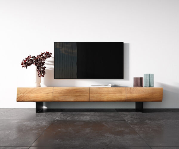 TV stolek New Live-Edge 200 cm přírodní akácie, 4 dveře, plovoucí nohy, kov černý - Image 4