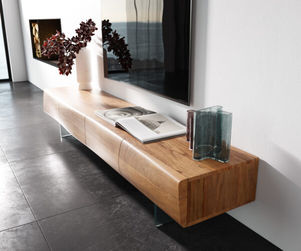 TV stolek New Live-Edge 200 cm přírodní akácie 4 dveře skleněné nohy - Image 2