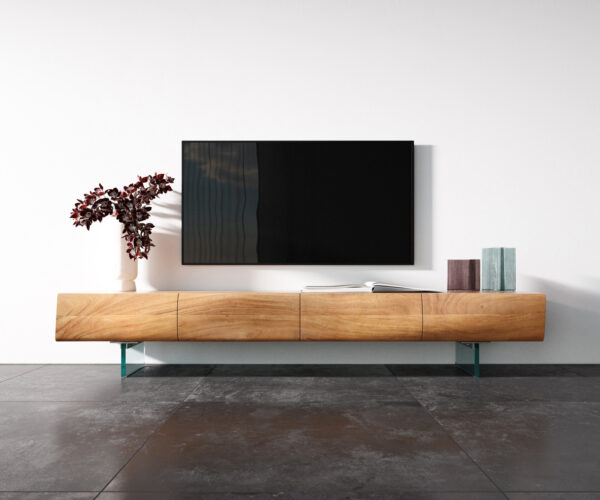 TV stolek New Live-Edge 200 cm přírodní akácie 4 dveře skleněné nohy - Image 4