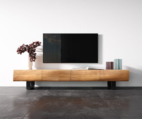 TV stolek New Live-Edge 200 cm přírodní akácie 4 dveře kovový rám na kolečkách černý - Image 4