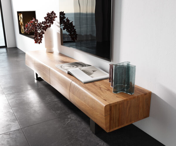 TV stolek New Live-Edge 200 cm přírodní akácie 4 dveře na pojezdu nerezová ocel kartáčovaná - Image 2