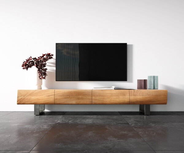 TV stolek New Live-Edge 200 cm přírodní akácie 4 dveře na pojezdu nerezová ocel kartáčovaná - Image 4