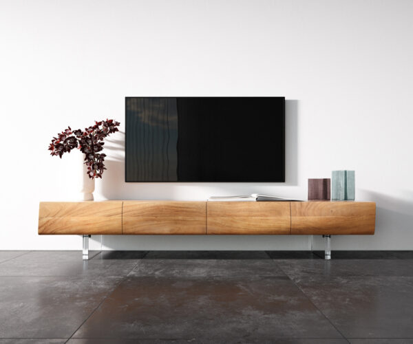 TV stolek New Live-Edge 200 cm přírodní akácie 4 dveře akrylové nohy - Image 4