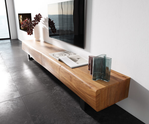 TV stolek New Live-Edge 240 cm přírodní akácie 4 zásuvky kovový rám na kolečkách černý - Image 2