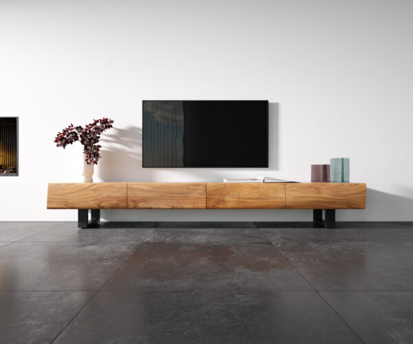 TV stolek New Live-Edge 240 cm přírodní akácie 4 zásuvky kovový rám na kolečkách černý - Image 4