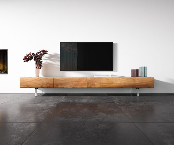 TV stolek New Live-Edge 240 cm přírodní akácie 4 zásuvky akrylové nohy - Image 4