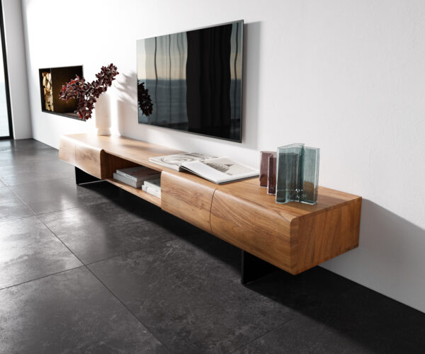 TV stolek New Live-Edge 240 cm přírodní akácie 4 dveře 1 přihrádka závěsný styl kov černý - Image 2