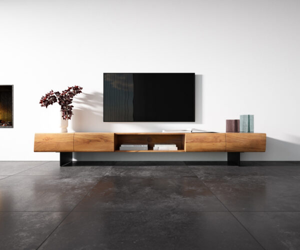 TV stolek New Live-Edge 240 cm přírodní akácie 4 dveře 1 přihrádka závěsný styl kov černý - Image 4