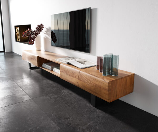 TV stolek New Live-Edge 240 cm přírodní akácie 4 dveře 1 přihrádka kovový rám na kolečkách černý - Image 2