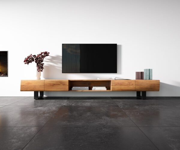 TV stolek New Live-Edge 240 cm přírodní akácie 4 dveře 1 přihrádka kovový rám na kolečkách černý - Image 4