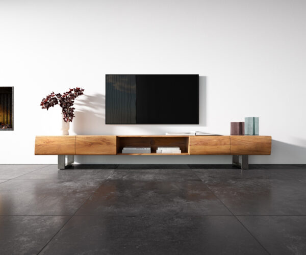 TV stolek New Live-Edge 240 cm přírodní akácie 4 dveře 1 přihrádka rám na kolečkách nerezová ocel kartáčovaná - Image 4