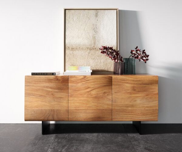 Komoda New Live-Edge 145 cm přírodní akácie 3 dveře plovoucí nohy kov černý - Image 4