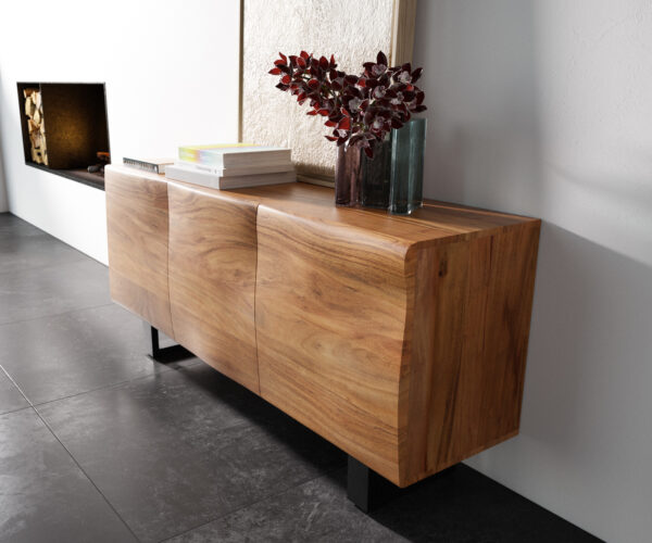 Komoda New Live-Edge 145 cm přírodní akácie 3 dveře kovový rám na kolečkách černý - Image 2
