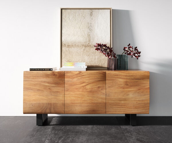 Komoda New Live-Edge 145 cm přírodní akácie 3 dveře kovový rám na kolečkách černý - Image 4