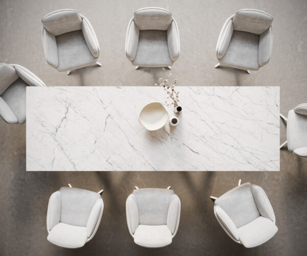 Jídelní stůl Edge 300x100 keramika Laminam® Statuarietto white Estelar kulaté kovové nohy bílé - Image 6