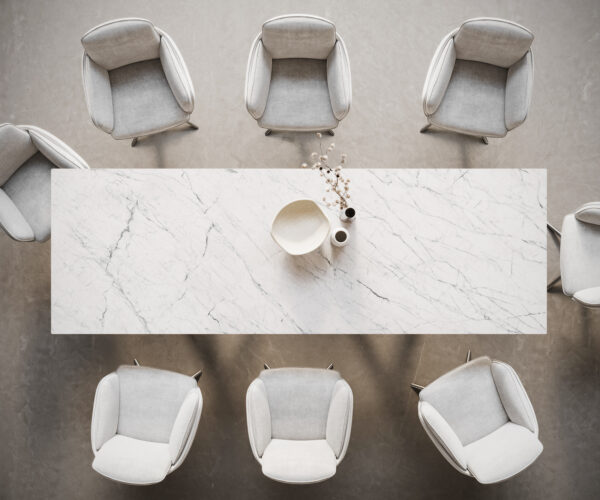 Jídelní stůl Edge 300x100 keramický Laminam® Statuarietto white Estelar kulatý nerezová ocel - Image 6