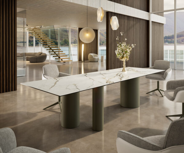 Jídelní stůl Edge 300x100 cm keramika Calacatta Luxe bílá-zlatá-šedá Troa kovový efekt titanový - Image 2