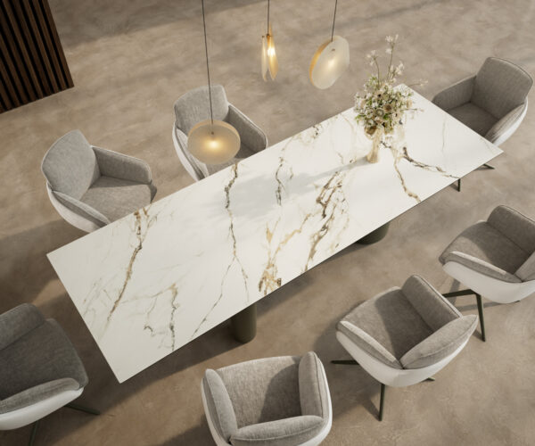 Jídelní stůl Edge 300x100 cm keramika Calacatta Luxe bílá-zlatá-šedá Troa kovový efekt titanový - Image 4
