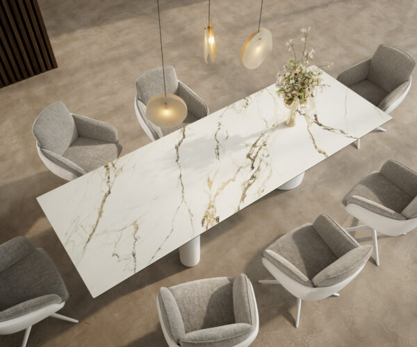 Jídelní stůl Edge 300x100 cm keramika Calacatta Luxe bílá-zlatá-šedá Troa kov bílý - Image 4