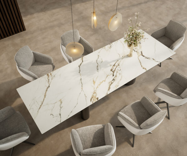 Jídelní stůl Edge 300x100 cm keramika Calacatta Luxe bílá-zlatá-šedá Troa nerezová ocel grafitová - Image 4