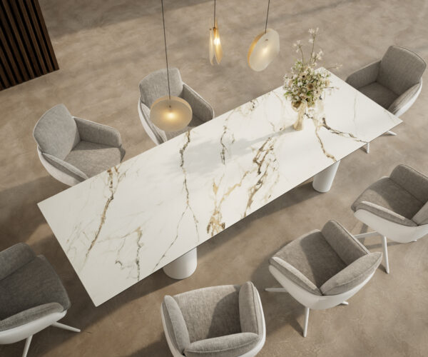 Jídelní stůl Edge 300x100 cm keramika Calacatta Luxe bílá-zlatá-šedá Pilier kov bílý - Image 4