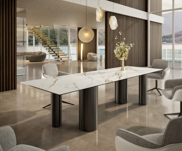 Jídelní stůl Edge 300x100 cm keramika Calacatta Luxe bílá-zlatá-šedá Pilier nerezová ocel grafitová - Image 2