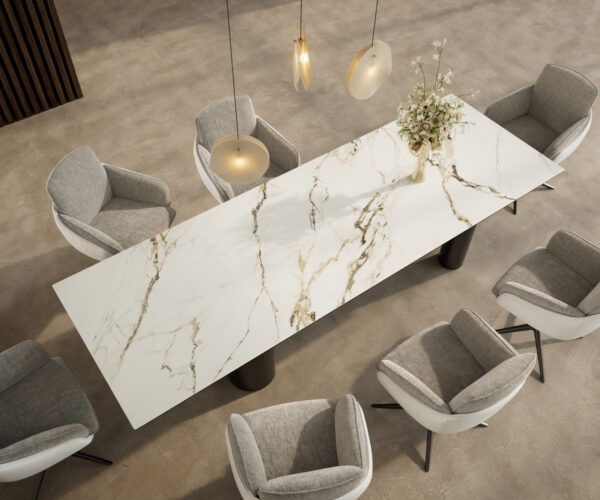 Jídelní stůl Edge 300x100 cm keramika Calacatta Luxe bílá-zlatá-šedá Pilier nerezová ocel grafitová - Image 4