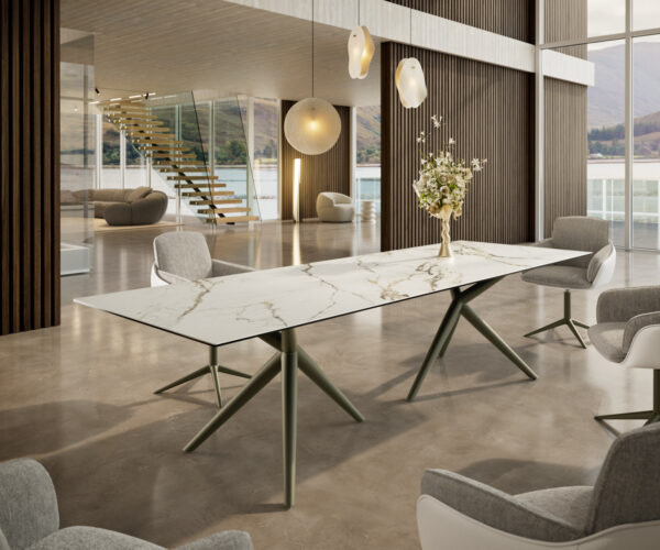 Jídelní stůl Edge 300x100 cm keramika Calacatta Luxe bílá-zlatá-šedá Estelar kulatý kovový efekt titanový - Image 2